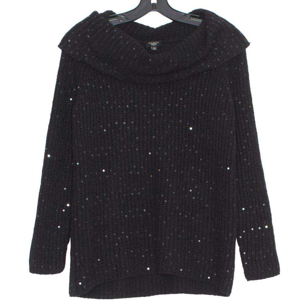 Talbots Black Sequin Cowl Neck Sweater Lambswool PS Quiet Luxury Old Money Party